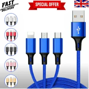 Multi USB Charger Cable In Black Color | 3 in 1 Fast Phone Wire UK