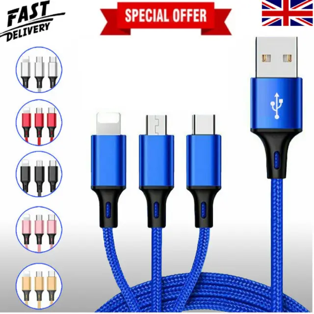Multi USB Charger Cable In Black Color | 3 in 1 Fast Phone Wire UK